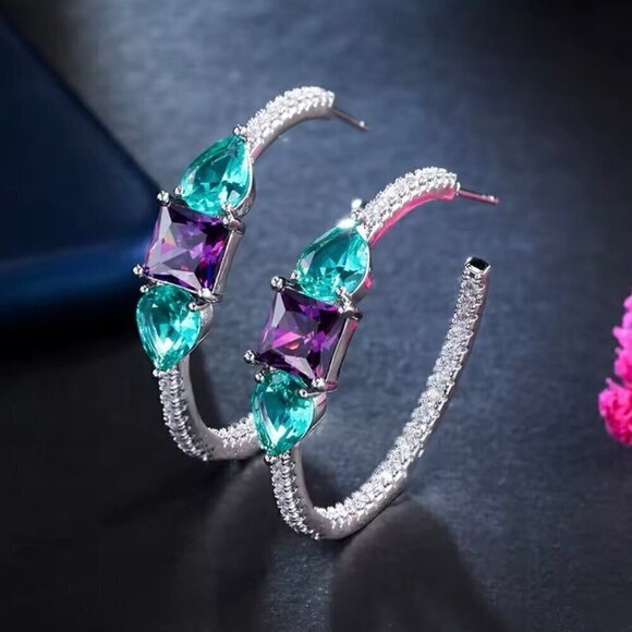 NWT Statement Hoop Earrings 14K Gold Plated Green CZ Purple Green Crystals - Picture 1 of 12